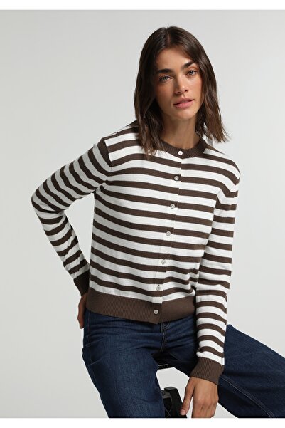Colin's Slim Fit Round Neck Striped Women's Brown Cardigan