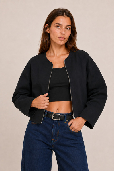 Maison Rae Women's Black, Lined, Cropped Length, Zipper Detailed, Balloon Sle...