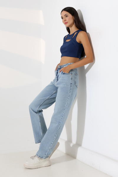 sports here Girl's / Women's High Waist Jean Baggy Fit Light Blue Denim Pants