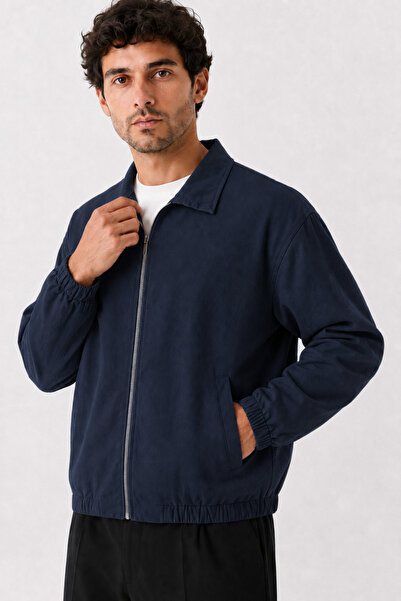 Maison Rae Erkek Lacivert Premium, Gabardin, Fermuarlı Polo Yaka, Oversize, M...