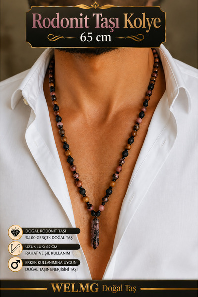 welmg Rodonite Stone Necklace 65 cm Bohemian Necklace