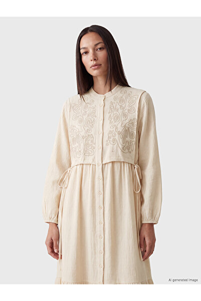 LC Waikiki Trendlucky Farkıyla Oval Collar Embroidered Belted Muslin Dress