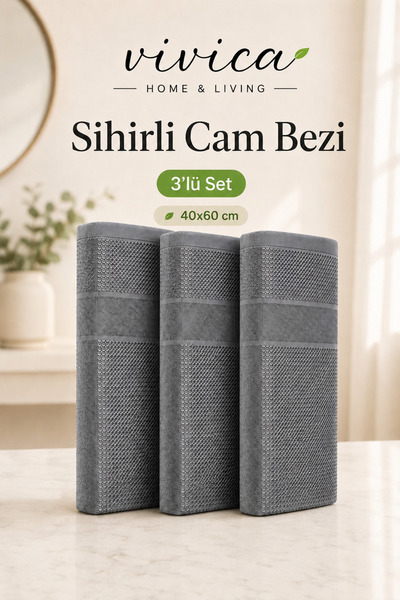VİVİCAHOME 3’lü Mikrofiber Sihirli Cam Bezi 40x60 cm – Cam, Ayna, Duşakabin v...