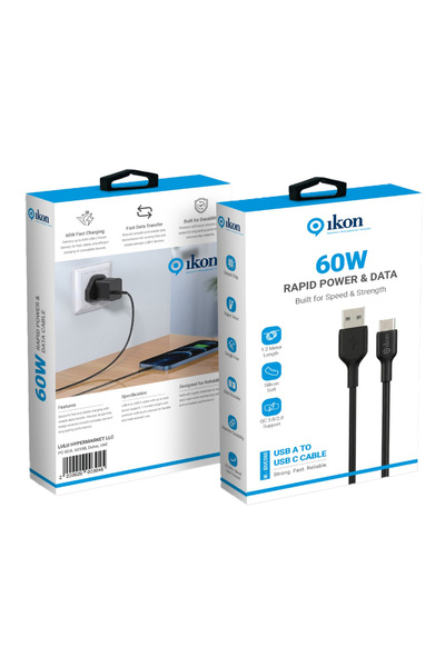 Ikon 60W USB Type-A to USB Type-C Cable, 1.2 m, Black/White, IK-IDUC060