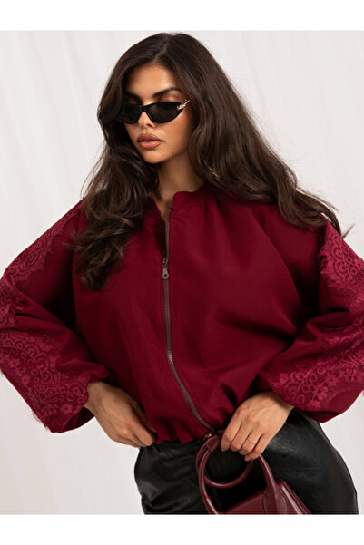 Italy Moda Women's Lace Jacket, Elegant, ITALY MODA, Burgundy Elegant Office
