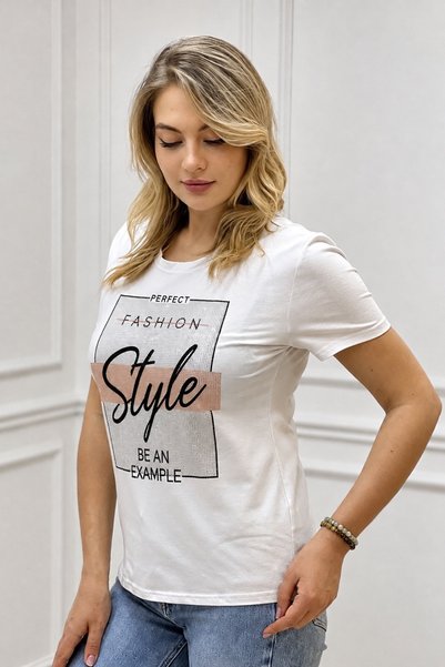 RICH GLAM Plus Size Printed Crystal Stone Short Sleeve Crew Neck Stylish Cotton White Women's T-Shirt