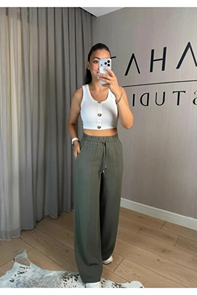 Bahar Haki Renk Beli Lastikli Bol Paça Tensel Kadın Pantolon