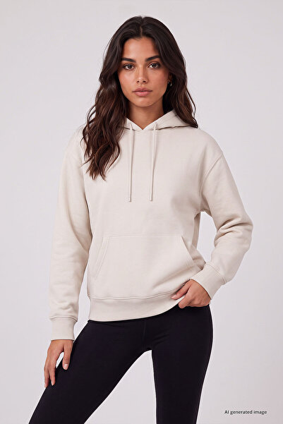 TOMMY LIFE Ecru Standard Hooded Basic Women's Sweatshirt with Kangaroo Pocket...
