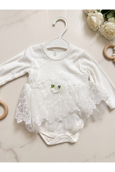 Harry&Millie Baby Girl Snap-Button Dress with Lace and Flowers, White Baby Gift