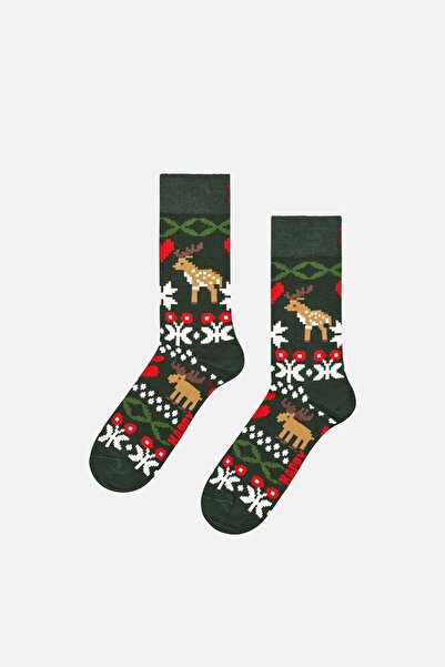 Happy Socks - Dark Green Reindeer Patterned Cotton Socks