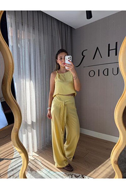 Limon Sarı Tencel Bağlama Detaylı Bluz Pantolon Takımı