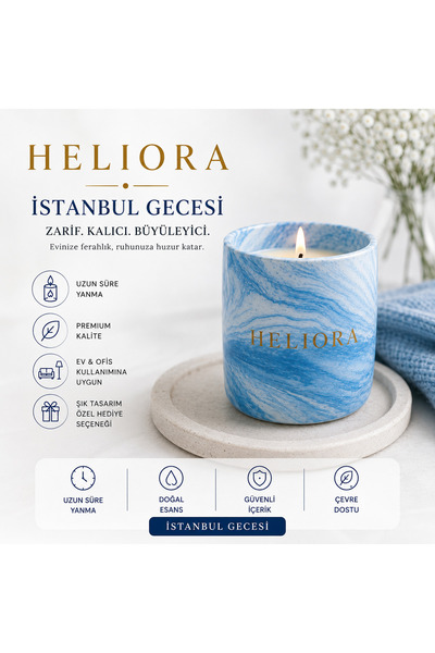 Heliora mum İstanbul Gecesi Ferah Kokulu Mum 200 gr Mermer Desenli Dekoratif Mum