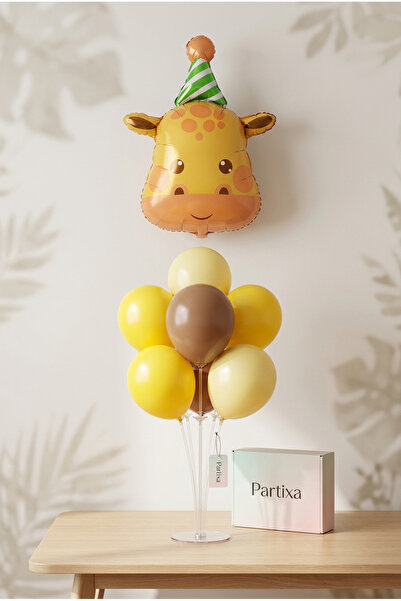Partixa Şapkalı Safari Zürafa Kafa Balon Stand Seti | Şeffaf 7’li Stand + Şap...