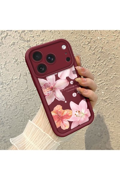 Hontinga iPhone 18 Pro Max Compatible Case Camera Protector Floral Pattern Maroon Lover Couple Silicone Phone Case
