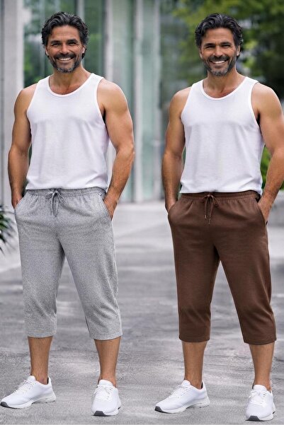 NO 601 Men's Gray-Brown Long Below-Knee Capri Shorts 2-Pack