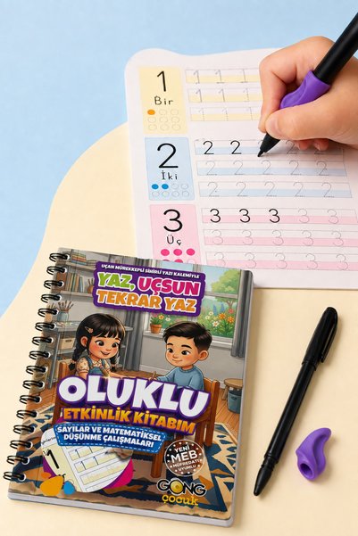 Gong 3-6 Yaş Oluklu Yaz-Sil Etkinlik Kitabı 2'li Set Sihirli Kalem ve Kalem Tutacağı Hediyeli