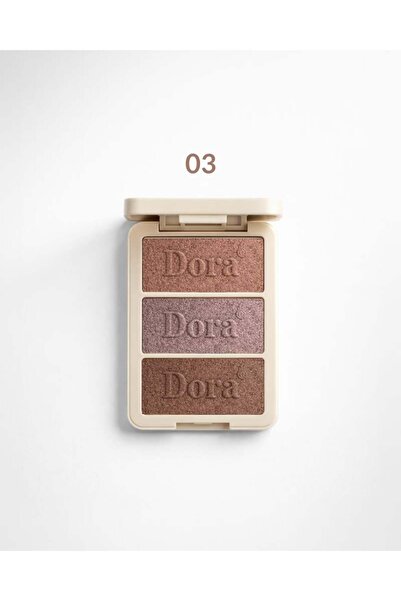 DORA باليت هايلايتر ثلاثي الألوان وظلال عيون معدنية لامعة لمكياج مخملي ساحر ومشرق، هايلايتر مضيء 03