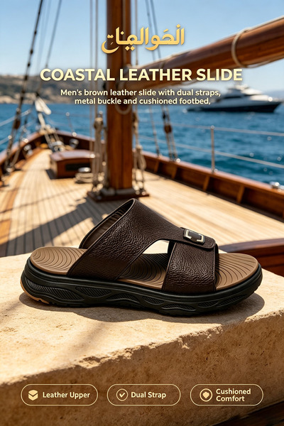 SaudEva Foot Men’s Black Dual‑Strap Slide Sandals With Metal Square Buckle,Wa...