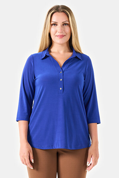 TOLGA SARAÇOĞLU 10751 Cobalt Blue Polo Collar Truvakar Sleeve Knitted Blouse