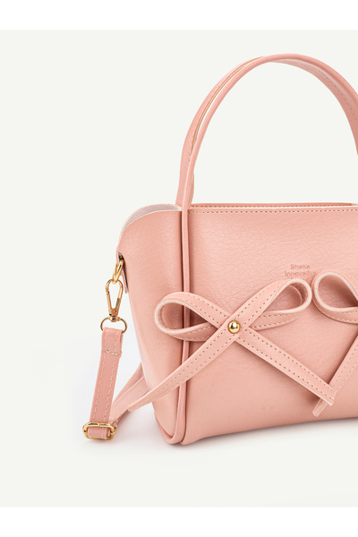 SHAKA Pembe SHK342 Suni Deri,Fermuarlı,Fiyonk Detaylı,Uzun Askılı,El,Kol Ve Omuz Çantası