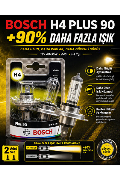Bosch H4 Plus 90 12V 60/55W Far Ampulü Güçlü Aydınlatma Uzun Ömürlü Halojen 2...