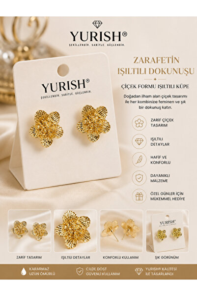 YURISH Kadın Gold Beyaz Gri Sedefli Çiçek Figürlü Mineli Model 2'li Küpe