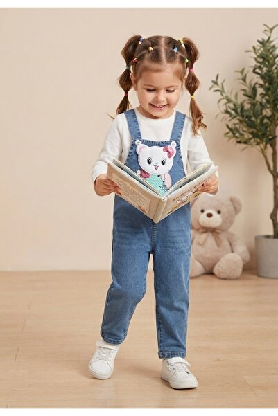 azra kids Sevimli Ayıcık Figürlü Kot Salopet Takım