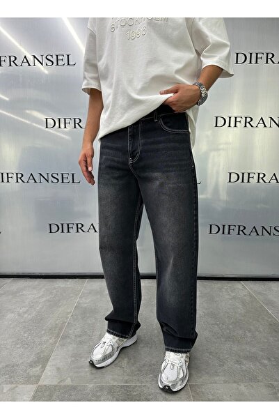 DIFRANSEL JEANS Beyaz Kontrast Dikişli Baggy Fit Kot Pantolon