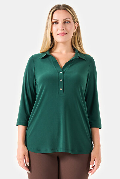 TOLGA SARAÇOĞLU 10751 Green Polo Collar Triple Sleeve Knitted Blouse