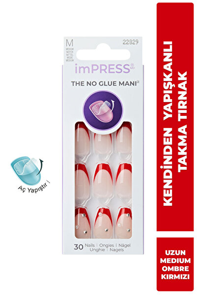 Impress Kendinden Yapışkanlı Takma Tırnak Uzun Medium French Kırmızı