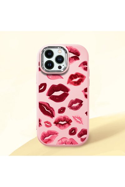 Hontinga iPhone 14 Pro Compatible Case Camera Protector Pink Kiss Pattern Sil...