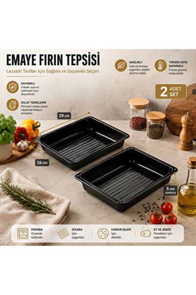 ALEV EMAYE 2 Li Emaye Fırın Tepsisi 29,5 x 26 x 5 cm – Siyah, Çizilmez, Kolay...