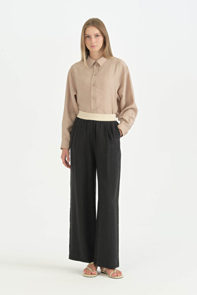 Nihan Elastic Waist Pleated Trousers with Elasticated Cuffs - Black