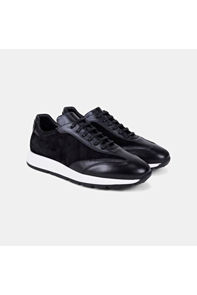 Desa Men's Black Lace-Up Leather Sneaker with Suede Detail