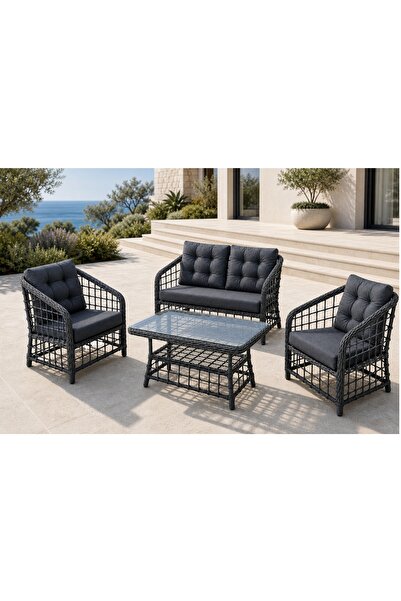 Vivense ATAKUM 4 KİŞİLİK MİNDERLİ RATTAN BAHÇE BALKON OTURMA GRUBU, ANTRASİT