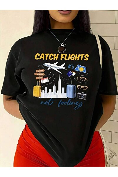 k222 تي شيرت نسائي بطباعة جرافيك "Catch Flights" - تي شيرت أسود بتصميم السفر ...