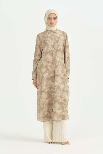 Nihan Plus Size Stone Patterned Long Tunic - Beige