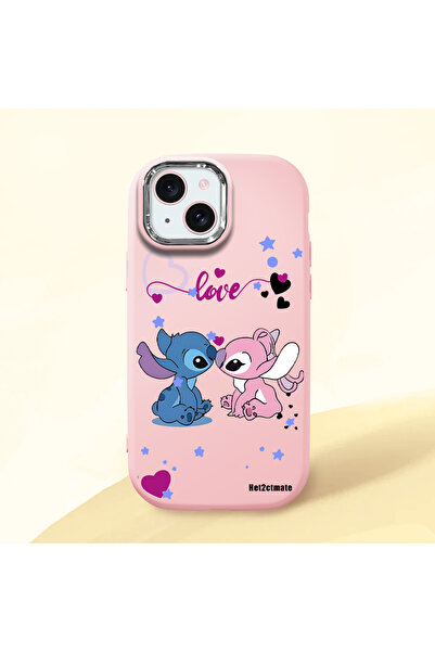 Hontinga iPhone 15 Compatible Case Camera Protector Pink Stitch Pattern Silic...
