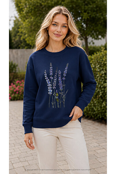 EMMODA Women's Lavender Flower Printed Round Neck Casual Basic Sweathirt