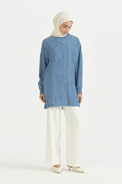Nihan Ribana Detailed Shiny Sports Tunic - Indigo