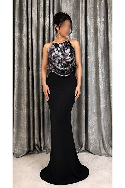ELORA FASHION فستان سهرة أسود طويل بتطريز زهري فاخر