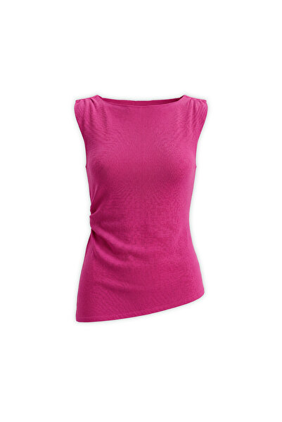 Qoolest Kadın Kayık Yaka Kolsuz Yan Büzgülü Drapeli Asimetrik Slim Fit Bluz