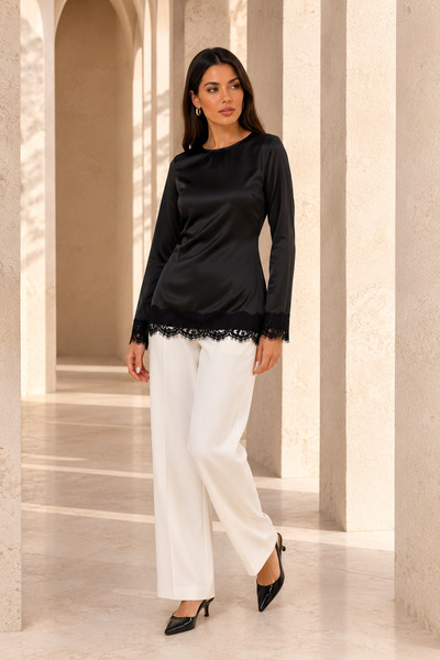 1434 Polo State Women's Lace Detailed Satin Long Sleeve Waist Tie Blouse - Black