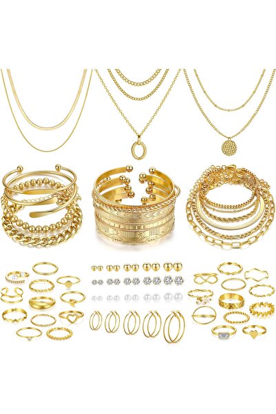 CCILIYC 68 Pcs Gold Jewelry Set for Women with 7 Necklace, 17 Bracelet, 5 Hoo...