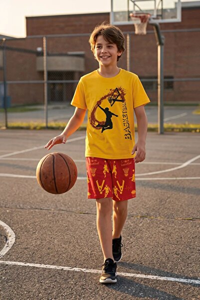 ZUZUNGA Boys Basketball Printed T-Shirt and Shorts 2-Piece Set – Yellow Red