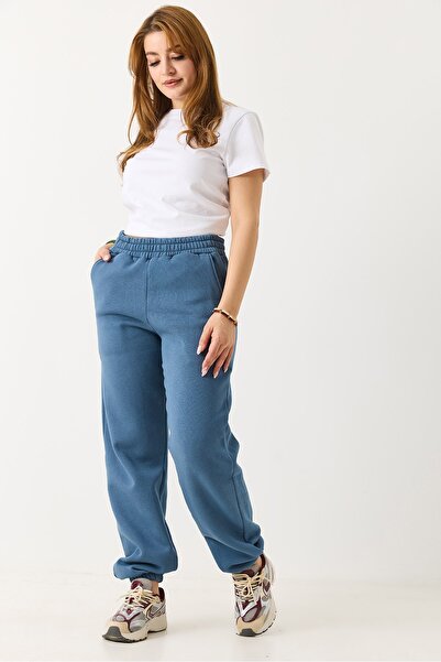 Raneel Kazançlı Alışveriş Three-Threaded Ruffled Women's Sweatpants Indigo