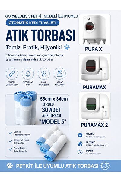 Otomatik Kedi Tuvaleti Poşeti 3 Adet Petkit Tuvaleti İle Uyumlu akıllı kedi tuvaleti atık torbası - 3 Rulo (30 ADET) muadil Petkit poşeti