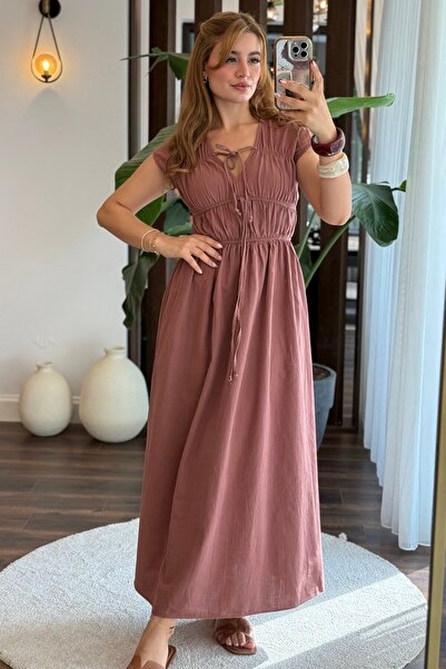 Raneel Kazançlı Alışveriş Women's V-Neck Dress with Tie Detail and Rubber Detail
