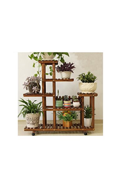 Vivense TEKERLEKLİ AHŞAP ÇOK KATLI DEKORATİF SAKSI STANDI, CEVİZ