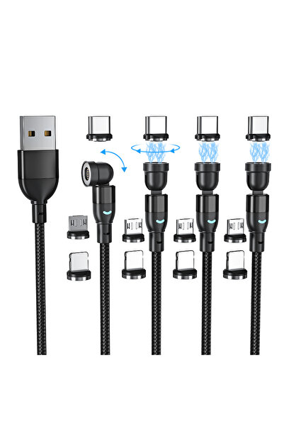 STECRA 3 Uçlu 540° Döner Manyetik Hızlı Şarj Kablosu Type-C Micro USB Lightning